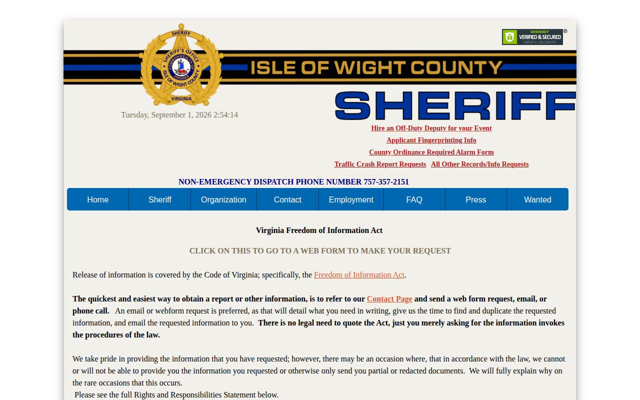 Isle of Wight County Sheriff adult booking record request policy