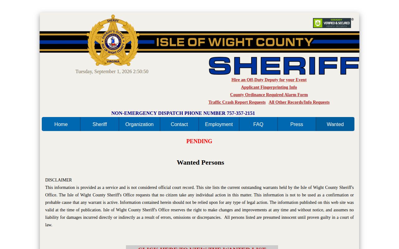 Isle of Wight County Sheriff wanted information page