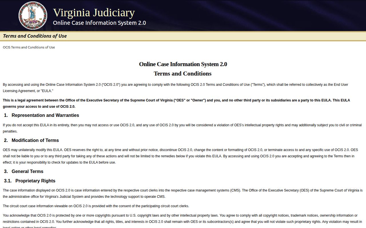 Virginia OCIS court case lookup interface